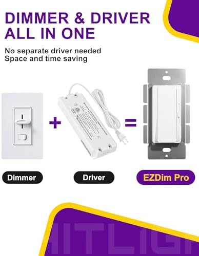 HitLights LED Driver and Dimmer Switch in One 160W, 120V AC to 24V DC, Compatible with Most Solid Color 24V Strip Tape Lights, UL Listed, Single-Pole/3-Way, EZDim Pro, White