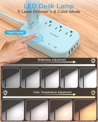 LED Desk Lamp, Power Strip with 4 USB 3 Outlets, Dorm Room Essentials, Blue