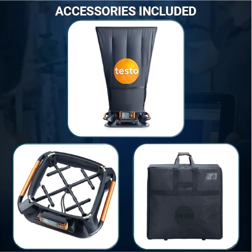 Testo 420 Flow Hood – Airflow Meter HVAC for Air Velocity, Volume Flow, Temperature & Relative Humidity – CFM Meter for Airflow HVAC with Tiltable Display, Bluetooth, and App Compatibility
