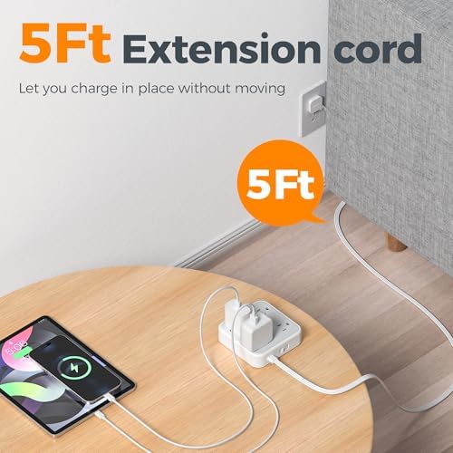 TESSAN Flat Extension Cord 5Ft, Flat Plug Power Strip, Grey