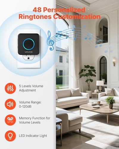 VEVOR Wireless Doorbell Kit, IP54 Waterproof Door Chime Ranges up to 1000 ft, 5 Adjustable Volumes, 48 Ringtones, Easy Installation, Wireless Doorbell Ideal for Home, Doorway, Classroom, Office, Black