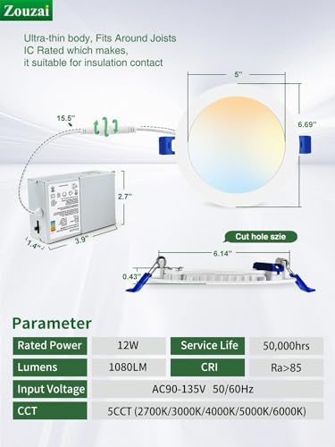 zouzai 12 Pack 6 Inch LED Recessed Ceiling Light, 5CCT, 12W=110W, Dimmable