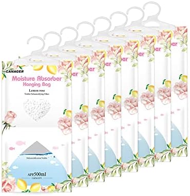 CANAGER Hanging Moisture Absorber, Lemon Rose Moistureproof Hanging Bag，Dehumidifier Bag (8 packs) Hanging Closet Dehumidifier Bags, Moisture Absorb 12.5 oz