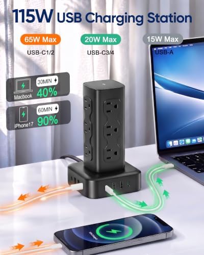 PD65W Power Strip Tower with 12 AC Outlets & 8 USB Ports(4 USB C), 6FT Cord