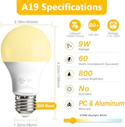 dalattin 12 Pack A19 LED Bulbs,9W Equivalent 60 Watts,E26 Base,Soft White 2700K, 800 LM, Non-Dimmable, Efficient Energy Saving Lights for Living Room,Office,80+ CRI,120V, UL Listed