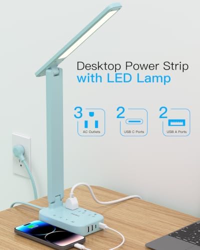 LED Desk Lamp, Power Strip with 4 USB 3 Outlets, Dorm Room Essentials, Blue