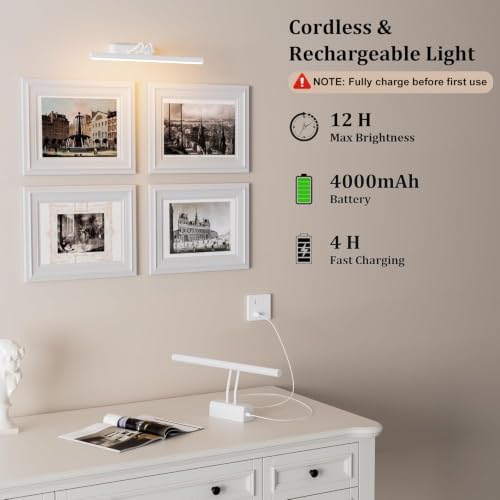 Battery Operated Picture Light for Wall, RF Remote Control, White