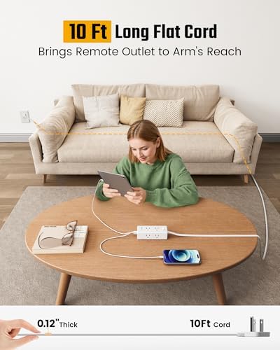 10 Ft Extension Cord with Multiple Outlets, Long Extension with 6 Outlets 4 USB Ports(2 USB C), Flat Plug Surge Protector Power Strip for Home, Office Supplies, Dorm Essentials