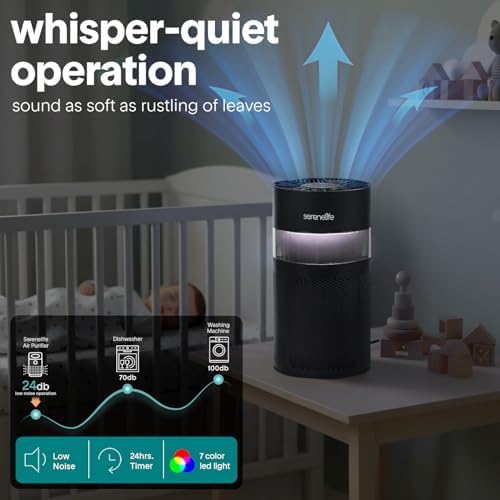 SereneLife Portable Air Purifier - Small Air Purifier with Aroma Box & Ambient Light, High Filtration Efficiency, Filter Change Reminder, 2-Speed, Timer & Sleep Mode, 6 x 6 x 12 in. (Black)