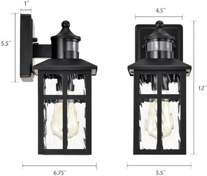 Edvivi Motion Sensor Porch Lights Outdoor, Dusk to Dawn Outdoor Lighting Wall Sconces with Water Glass, Matte Black Wall Mounted Lantern Light Wet Rated Exterior Lighting Fixtures for House 2-Pack