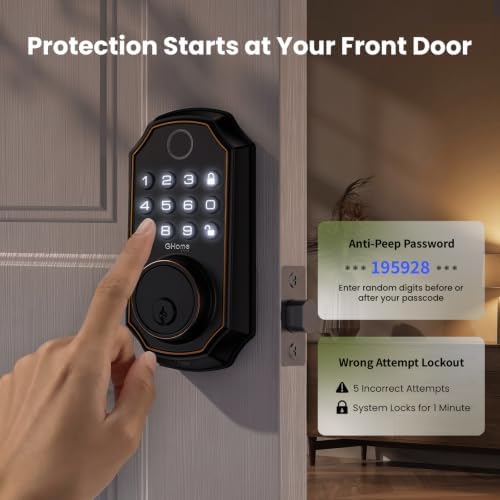 GHome Smart Fingerprint Door Lock for Front Door, Keyless Entry Deadbolt with Keypad, App Control, Auto Lock, Easy Install Digital Smart Lock for Family Homes, Garage Entry & Apartments