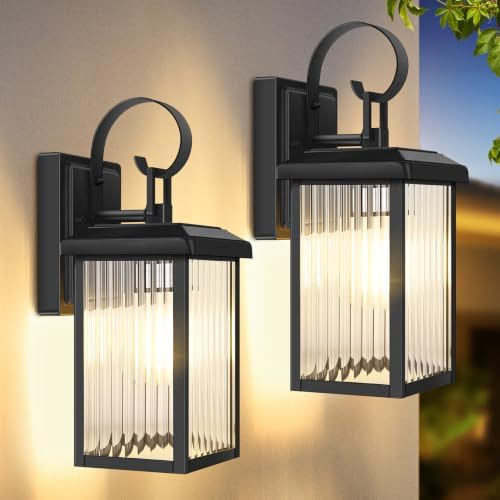 BesLowe 2-Pack Outdoor Wall Light Fixtures with Fluted Glass, Black