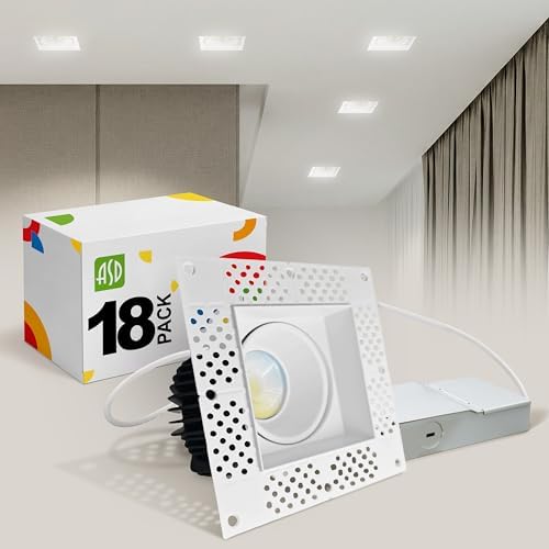ASD 4 Inch Trimless LED Recessed Ceiling Light Fixture, Mud-in Canless Downlight with Junction Box, 5CCT 2700K-5000K, 15W 1090 Lumens, CRI90+, Anti-Glare, Dimmable, IC & Wet Rated, ETL, 18 Pack