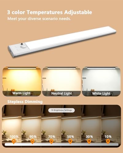 Under Cabinet Lighting,RGB Motion Sensor Night Lights,Rechargeable Under Cabinet Lights,15 Colors Dimmable Bar Light with Remote,Wireless Closet Lights,Indoor Counter Lights for Kitchen Shelf 4Pack