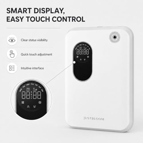 JUSTBLOOM Wall-Mounted Waterless Scent Diffuser, Smart Aroma Diffuser with LED Display, Touch Control, Timer Settings, Quiet Operation for Home, Office & Commercial Spaces, White