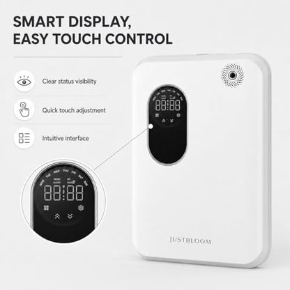 JUSTBLOOM Wall-Mounted Waterless Scent Diffuser, Smart Aroma Diffuser with LED Display, Touch Control, Timer Settings, Quiet Operation for Home, Office & Commercial Spaces, White