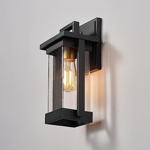 Globe Electric 60000028 1-Light Outdoor Wall Sconce, Matte Black, Brass Accent, Clear Seeded Glass Shade, Weather Resistant, Front or Back Porch Decor, Modern Exterior Lighting, Patio Lights