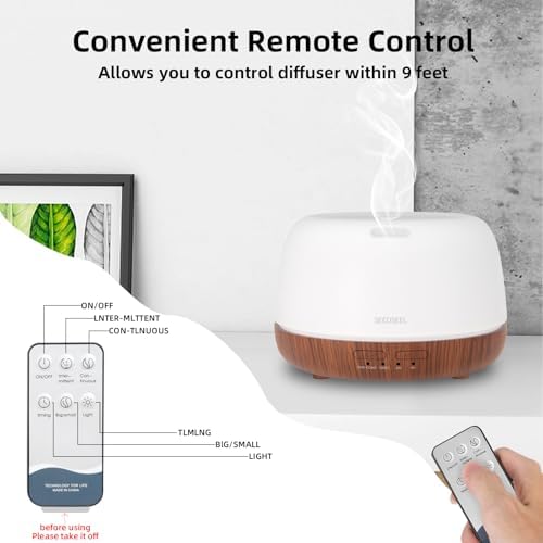 SEEDSEEL 300ML Essential Oil Diffuser, Mini Aromatherapy Diffuser with Remote Control, 7 Color Changing LED Light, 4 Timer for Bedroom, Room, Office