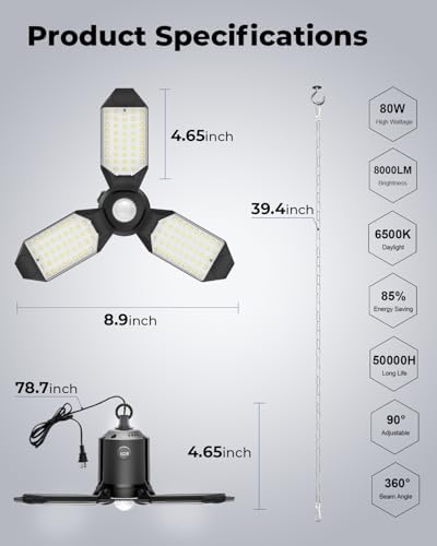 Motion Sensor Garage Light Plug in, 8000LM 6500K Shop Light 3 Modes