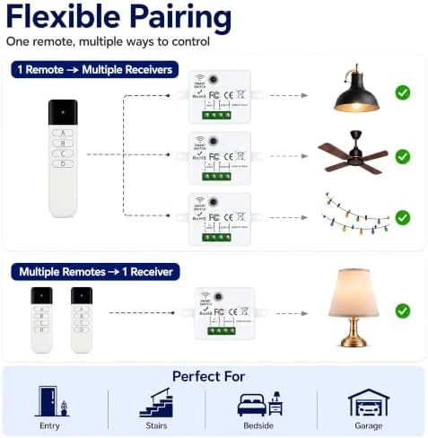 Wireless Light Switch Kit, No Wiring, RF Remote, 1 Switch, 6 Receivers