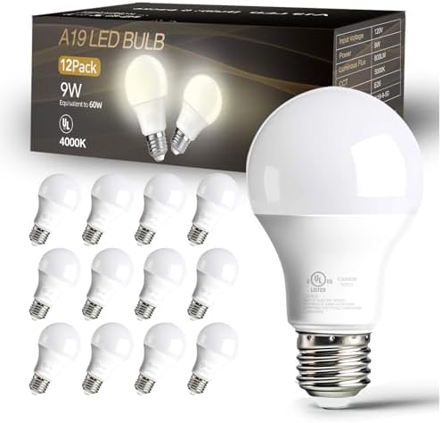 dalattin 12 Pack LED Bulbs Natural White 4000K, 60 Watt Equivalent A19 Standard Bulbs, E26 Base, 800 LM, Efficient 9W Energy Saving, Non-Dimmable, 80+ CRI, 120V, UL Listed, for Living Room, Office