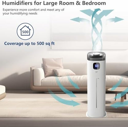 KZF Large Humidifier for Bedroom, 9L/2.5Gallon Ultrasonic Cool Mist Humidifier with Humidistat, 360°Nozzle, 350ML/H Big Mist Level, Suitable for Kids Room Livingroom Yoga Office Plant，White