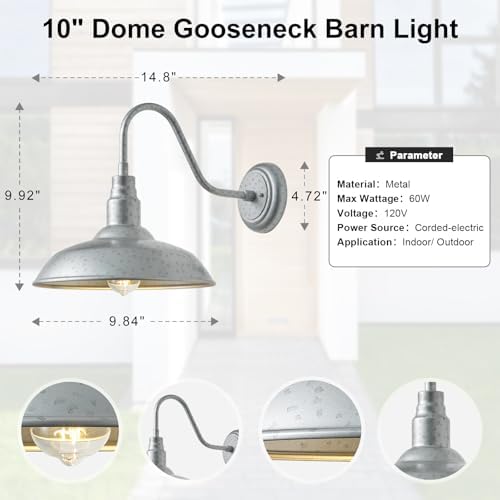 10in Outdoor Gooseneck Barn Lights Silver Gray Exterior Porch Gooseneck Wall Mount Lighting Fixture, 2 Pack Brushed Silver Barn Style Outside Wall Sconce for House, Garage, Farmhouse