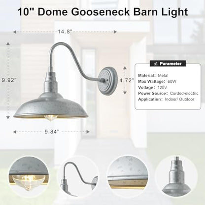 10in Outdoor Gooseneck Barn Lights Silver Gray Exterior Porch Gooseneck Wall Mount Lighting Fixture, 2 Pack Brushed Silver Barn Style Outside Wall Sconce for House, Garage, Farmhouse