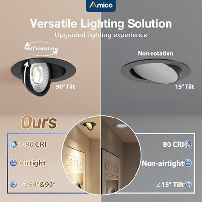 Amico 6 Pack 4 Inch Black 5CCT Gimbal LED Recessed Ceiling Light
