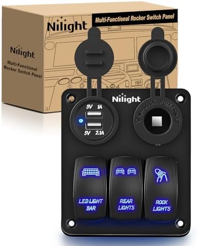 Nilight 3 Gang Rocker Switch Panel 5PIN On Off Laser Pattern Toggle | SPST 12V/20A 24V/10A Dual USB Charger Cigarette Lighter Socket Pre-Wired for LED Light Bar Rear Rock Lights RV Boats 4X4 Blue