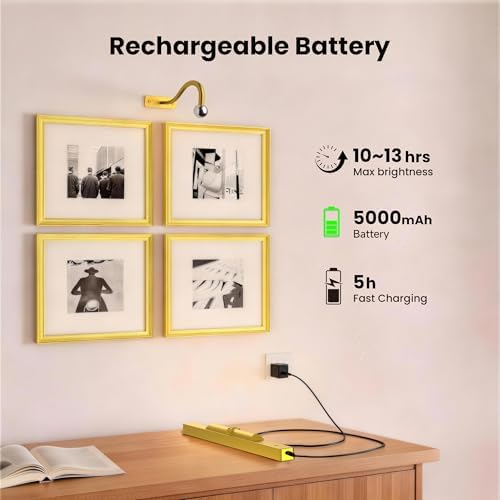 Picture Light 3Pack- 16in Picture Lights for Wall, 5000mAh Wireless Rechargeable Battery Picture Lights, Wall Light, Art Display Light for Gallery Artwork, Paintings, Portraits, Dartboards- Gold