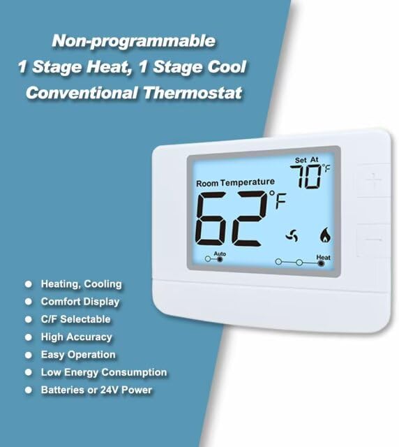 Non Programmable Thermostat for Home, Digital Energy-Saving Thermostat,Single-Stage Systems, 1 Heat/1 Cool, Easy DIY Install, White Backlight