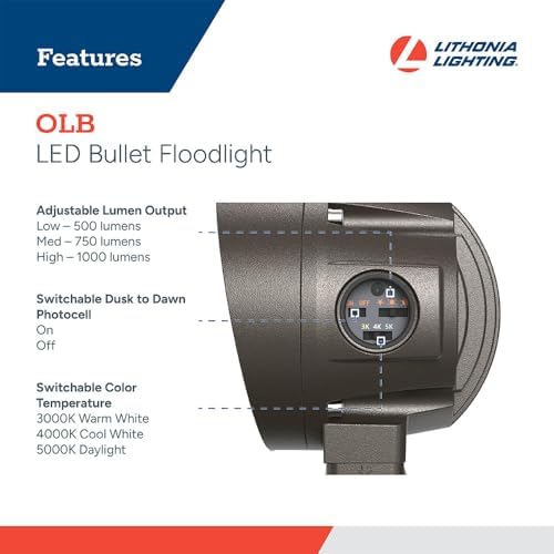 Lithonia Lighting 36-in-1 OLB LED Floodlight Outdoor Light Fixture, Waterproof LED Outdoor Lights, Adjustable Brightness, Warm/Cool/Daylight Options, Switchable Beam Spread, Dusk to Dawn Sensor