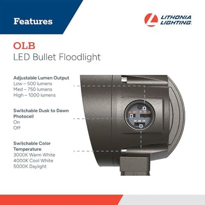 Lithonia Lighting 36-in-1 OLB LED Floodlight Outdoor Light Fixture, Waterproof LED Outdoor Lights, Adjustable Brightness, Warm/Cool/Daylight Options, Switchable Beam Spread, Dusk to Dawn Sensor