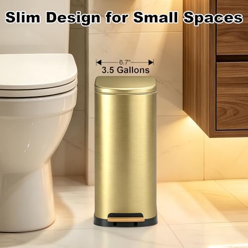 SYNCVIBE Slim Bathroom Trash Can with Soft Close Lid, 3.5 Gal, Gold