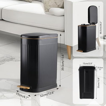 SYNCVIBE Slim Bathroom Trash Can with Lid Stainless Steel Garbage Can Soft Close Step Trash Bin with Removable Inner Bucket for Bedroom, Office, Kitchen (Matt Black, 3.5 Gallons)