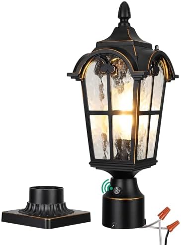 EDISHINE Dusk to Dawn Outdoor Post Light with Pier Mount Base, Hardwired Black Roman Waterproof Pole Lantern Fixture, Water Ripple Glass Exterior Lamp Post Light for Driverway, Patio, Pathway