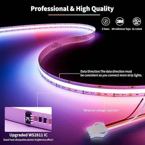 PAUTIX RGB Smart IC COB LED Strip Light IP65 Waterproof Addressable 24ft/7.5m,720LEDs/m UL-Listed 24V Chasing Color Strip Light Color Changing Flexible Tape Light(Without Controller&Adapter)