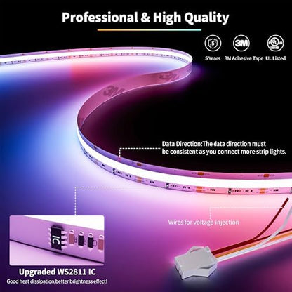 PAUTIX RGB Smart IC COB LED Strip Light IP65 Waterproof Addressable 24ft/7.5m,720LEDs/m UL-Listed 24V Chasing Color Strip Light Color Changing Flexible Tape Light(Without Controller&Adapter)