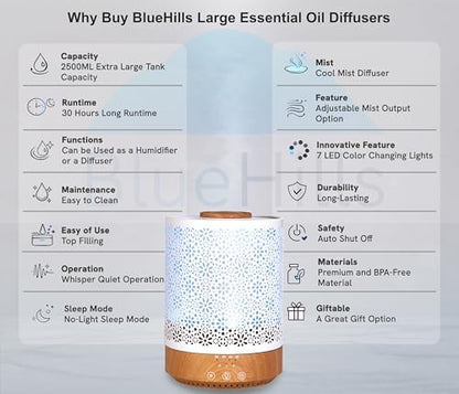 BlueHills 2500 ML Humidifier with Essential Oil Diffuser Combo Aroma Home Décor Design for Large Bed Bath Kids Baby Living Rooms Big Capacity LED Lights Scent Ultrasonic Cool Mist Wood Grain F006
