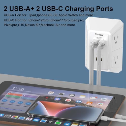 Wall Charger, Surge Protector, Teiobar 5 Outlets and 4 USB Ports(2USB-C)