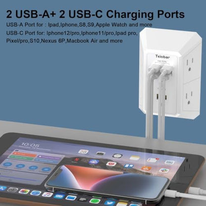 Wall Charger, Surge Protector, Teiobar 5 Outlets and 4 USB Ports(2USB-C)