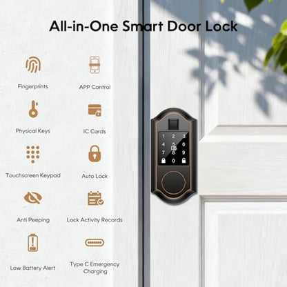 Fingerprint Smart Door Lock with Keypad, Smart Front Door Locks Keyless Entry Door Lock, Smart Lock with APP Control, Front Door Lock with Deadbolt, Touchscreen, Auto-Lock, Oil Rubbed Bronze