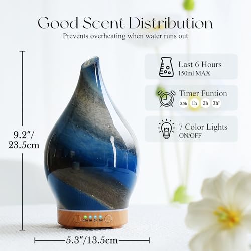 Porseme Essential Oil Diffuser 150ml Handmade Glass Diffuser 6H Runtime