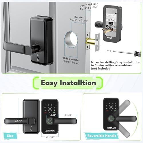 Keyless Entry Door Lock with Handle, Door Locks for Bedroom, Auto Lock, Fingerprint Door Knob with Key, Passcode, Digital Smart Code & Front Handle Sets-Black