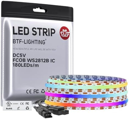 BTF-LIGHTING FCOB COB WS2812B IC RGB LED Strip DC5V 6.5FT 360LED 10mm IP30
