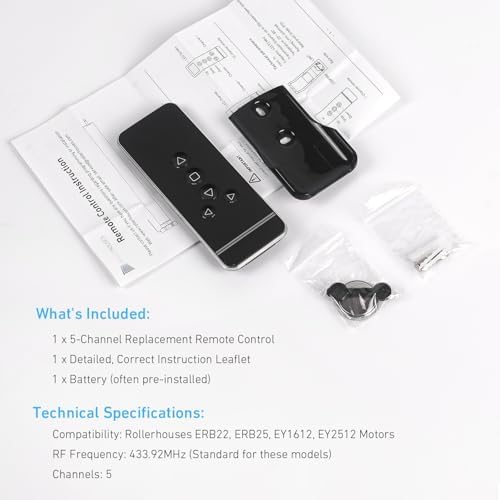 5-Channel Blind Remote Controller, Black - Replacement for Motorized Roller Shades, Window Blinds & Shades -Compatible with Rollerhouses ERB22/ERB25/EY1612/EY2512 Motors