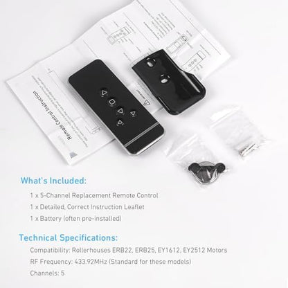 5-Channel Blind Remote Controller, Black - Replacement for Motorized Roller Shades, Window Blinds & Shades -Compatible with Rollerhouses ERB22/ERB25/EY1612/EY2512 Motors