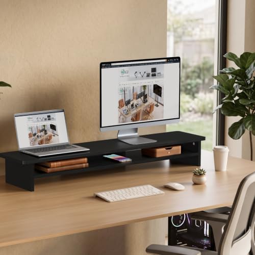 WALI 42 inch Large Wood Dual Monitor Stand Riser with Storage, up to 88lbs