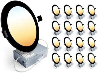 Ensenior 16 Pack 6 Inch LED Recessed Ceiling Light, Dimmable, 2700K-5000K 5CCT, 1200LM 12W 120V, High Brightness Canless Wafer Downlight, Black - ETL&FCC&IC